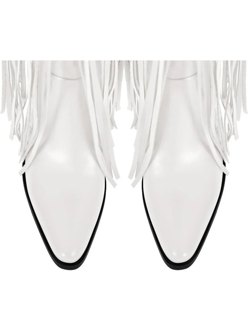 Women's White Pointed Toe Fringe Wide Calf Cowgirl Over The Knee High Boots